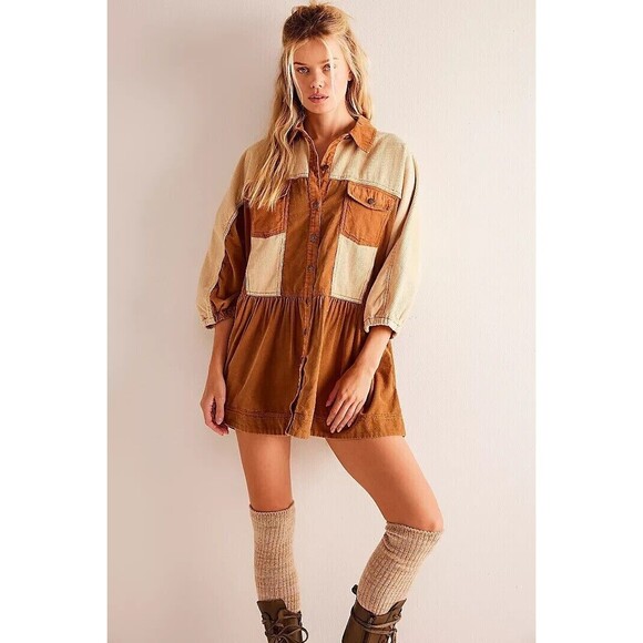 Free People Wild Roads Mini Tunic Shirt Dress Buttondown Patchwork L New 266260 - Picture 1 of 9